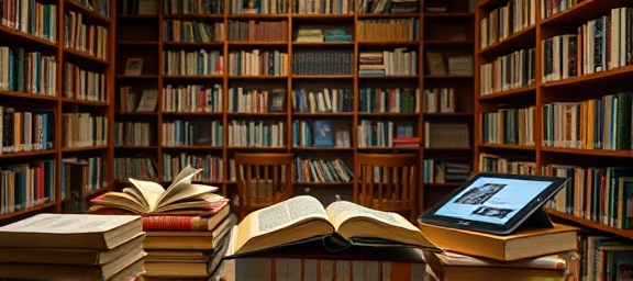 engaging multimedia storytelling, insightful, weaving a narrative through visuals, photorealistic, in a planned layout of books and digital tablets in a cozy library setting, highly detailed, text flowing smoothly with imagery, earthy colors, soft focused lighting, shot with a 85mm portrait lens.