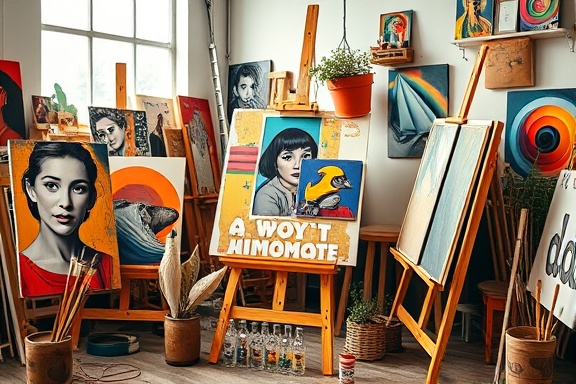 artistic multimedia graphics, bold, displaying a collaged montage, photorealistic, in an art studio filled with canvas and digital tools, highly detailed, objects melding into one another smoothly, primary colors, natural window lighting, shot with a 50mm standard lens.