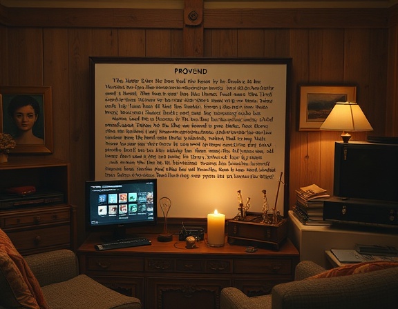 narrative multimedia storytelling, profound, transforming text to visuals, photorealistic, within a cozy setting styled with vintage collectibles and digital screens, highly detailed, graphics transitioning seamlessly with text, sepia tones, candlelight effect, shot with a 85mm f/1.4 lens.