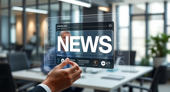 user-friendly news interface, intuitive expression, interacting, photorealistic, 3D holographic display in a modern office setting, highly detailed, intuitive design elements, enhanced accessibility, sleek design, cool white glow, shot with an 85mm telephoto lens.