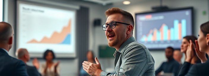 dynamic story case, surprised expression, presenting, photorealistic, modern office with projector and graphs on screen, highly detailed, data animations and clapping audience, precise definition, cool shades, bright projector light, shot with a 24mm lens