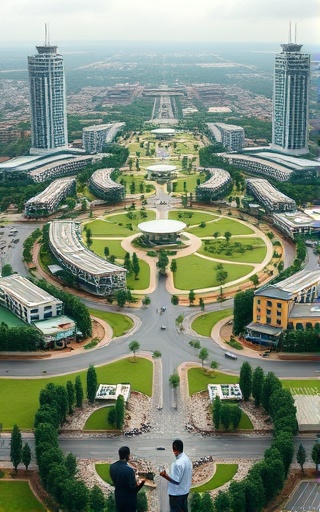 innovative EastAfrica development, visionary, planning urban expansion, photorealistic, sprawling cityscape with parks and new buildings, highly detailed, architects examining models, 10K resolution, harmonious greens and grays, overcast light, shot with a tilt-shift lens.