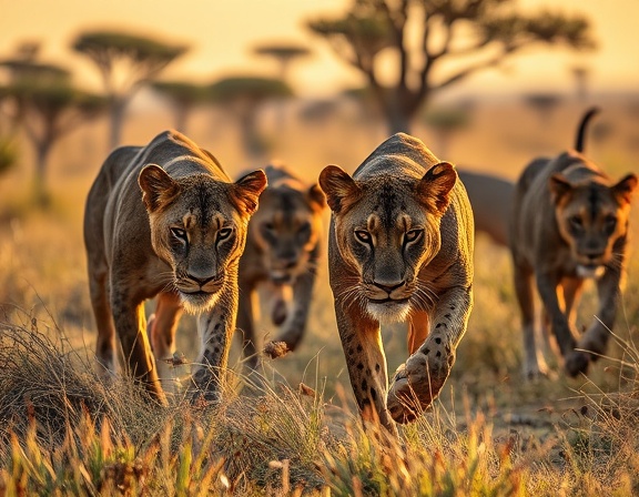 majestic Frontline Wildlife, fierce gaze, stalking prey, photorealistic, savannah with tall grasses and acacia trees, highly detailed, animals in motion, precise clarity, earthy tones, golden hour lighting, shot with a Nikon AF-S NIKKOR 200-500mm f/5.6E lens.