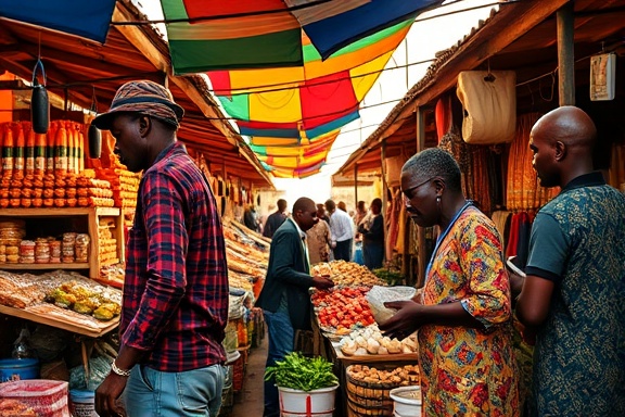 dynamic EastAfrica trade, cooperative, exchanging goods, photorealistic, busy marketplace full of colorful stalls, highly detailed, traders actively communicating, 8K UHD, bright colors, morning sunlight, shot with a prime lens.