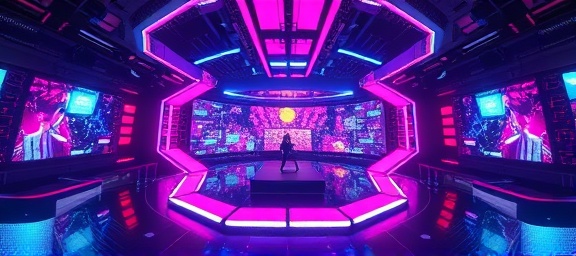 cutting-edge multimedia design, futuristic, showcasing interactive interfaces, photorealistic, on a virtual stage with holographic displays around, highly detailed, animations moving in sync, neon colors, dynamic backlighting, shot with a 16mm fisheye lens.
