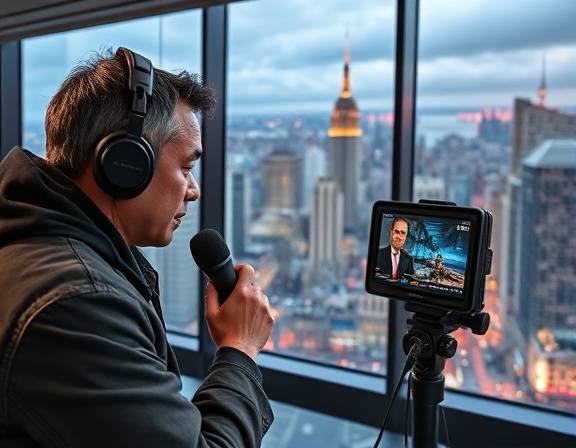 dynamic channel broadcast, focused expression, reporting live, photorealistic, bustling metropolitan cityscape visible through large windows, highly detailed, real-time graphics on screen, state-of-the-art technology, vibrant colors, studio lighting, shot with a 35mm prime lens.