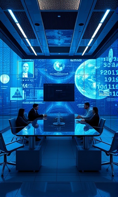 conceptual monetization concept, visionary expression, strategizing, photorealistic, futuristic glass-walled meeting room, highly detailed, digital projections on walls, 16K resolution, cool colors, ambient lighting, shot with a 24mm lens.
