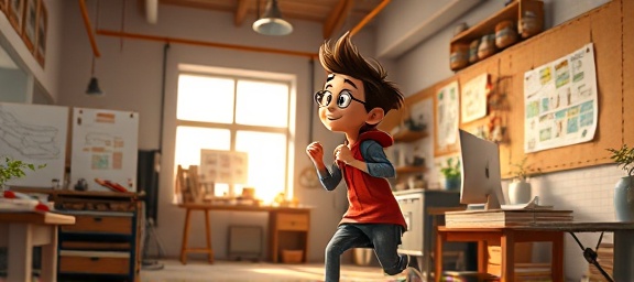 creative multimedia animation, lively, illustrating a character's journey, photorealistic, in a bustling creative studio with sketches and storyboard on walls, highly detailed, animated sequences showing fluid motion, warm tones, diffused lighting, shot with a 24mm macro lens.