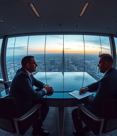 thriving EastAfrica economy, flourishing, discussing financial plans, photorealistic, high-tech conference room with panoramic views, highly detailed, executives in conversation, 6K resolution, sleek blacks and silvers, dusk lighting, shot with a fisheye lens.
