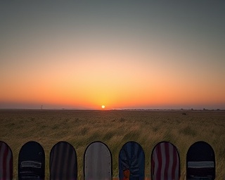 tranquil Frontline Landscape, contemplative mood, wind sweeping grass, photorealistic, open savannah stretching to the horizon, highly detailed, grass swaying and sky gradients, excellent clarity, sunset tones, soft twilight lighting, shot with a Zeiss Otus 28mm f/1.4 lens.
