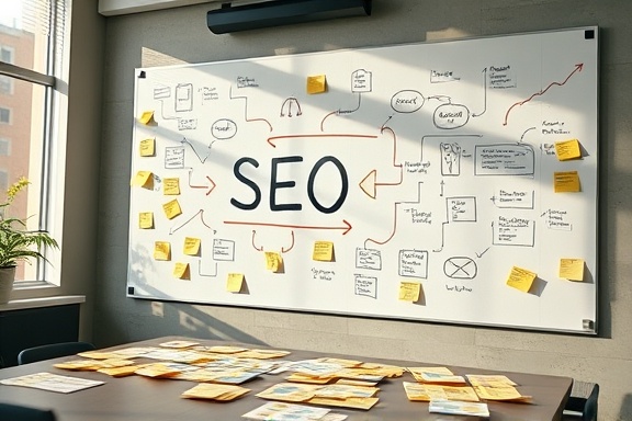 strategic SEO strategy, contemplative, planning techniques, photorealistic, conference room with a whiteboard covered in flowcharts and arrows, highly detailed, post-it notes scattered around, macro lens, bold colors, natural daylight streaming in, shot with a 35mm camera lens.