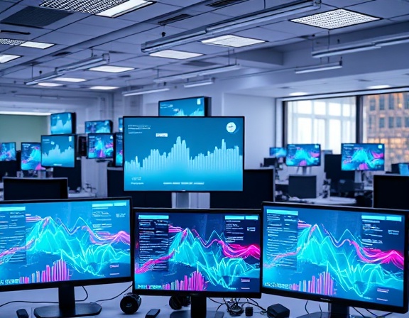 sleek multimedia graphics, dynamic, visualizing data flow, photorealistic, against a backdrop of a tech-savvy office space with multiple monitors displaying graphics, highly detailed, interactive elements pulsing, pastel colors, bright direct lighting, shot with a 35mm wide-angle lens.