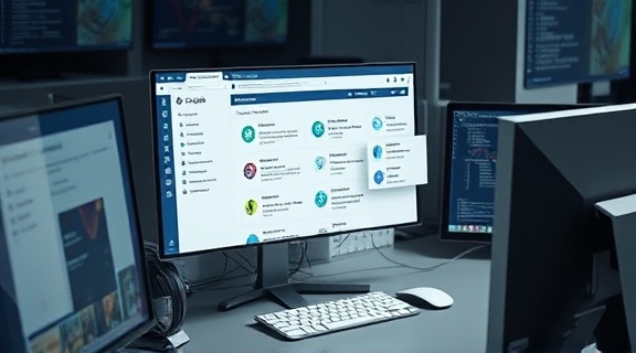 comprehensive SEO tools, meticulous, accessing features, photorealistic, workstation cluttered with devices showing tool features and options, highly detailed, integration icons and pop-ups, macro lens, sharp dual tones, subdued office lighting, shot with a 50mm camera lens.