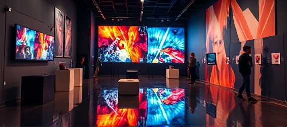 vibrant multimedia visuals, energetic, capturing an art exhibit, photorealistic, inside a chic gallery with multimedia art installations, highly detailed, light play creating reflections, bold colors, spotlight lighting, shot with a 70-200mm telephoto lens.