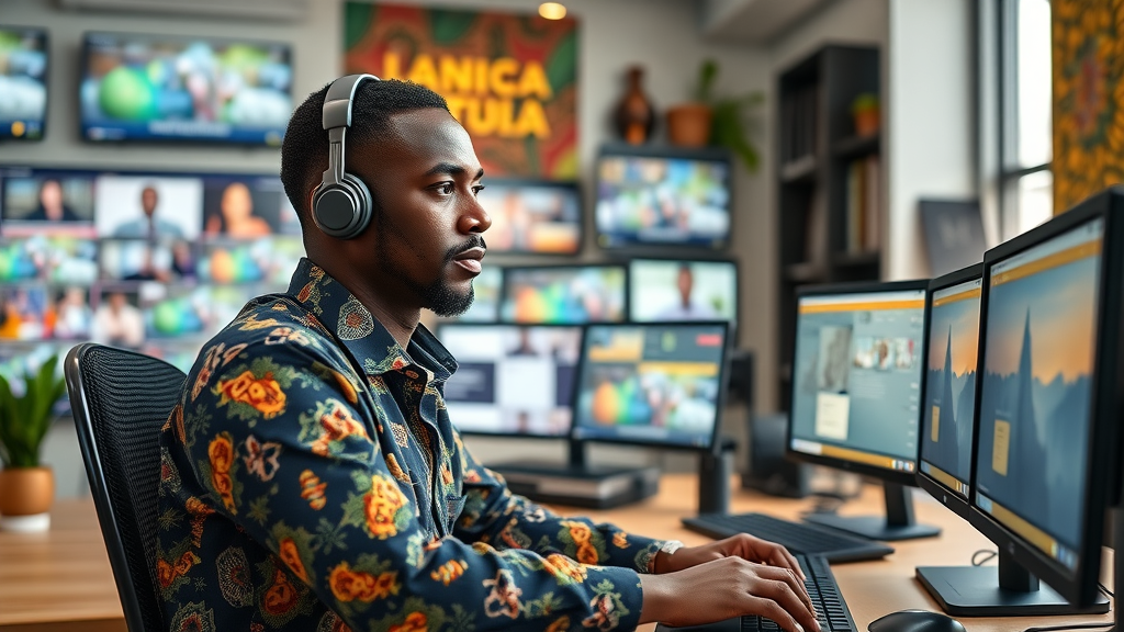 Entrepreneur managing owned media channels Africa in a vibrant digital workspace