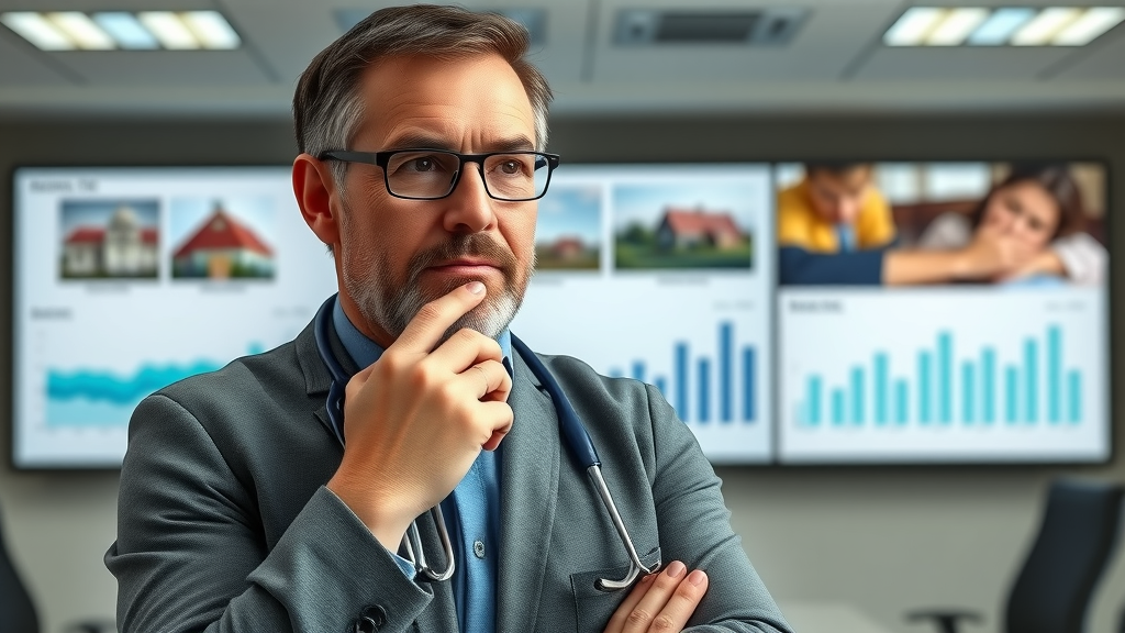 Healthcare innovation Uganda: Thoughtful healthcare entrepreneur analyzing financial and rural hospital data