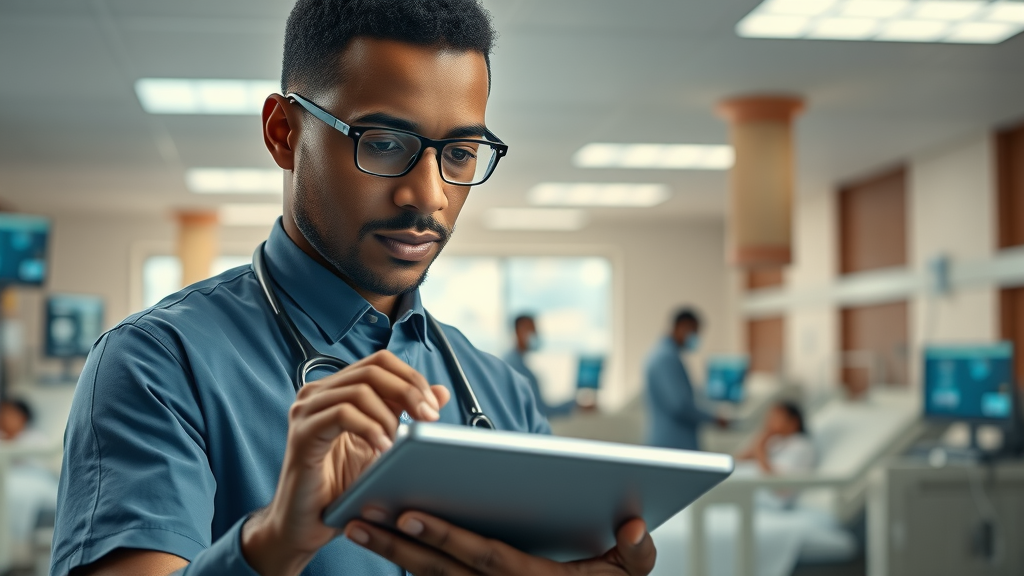 Healthcare technology Uganda: Ugandan doctor using AI diagnostic tablet in hospital