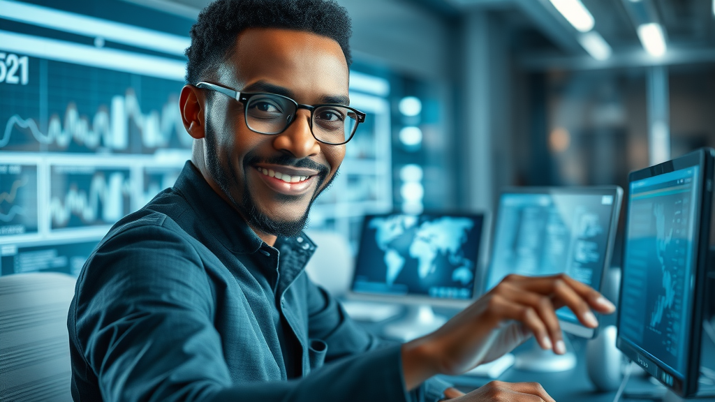 Innovative African entrepreneur controlling digital data streams across devices in futuristic tech workspace