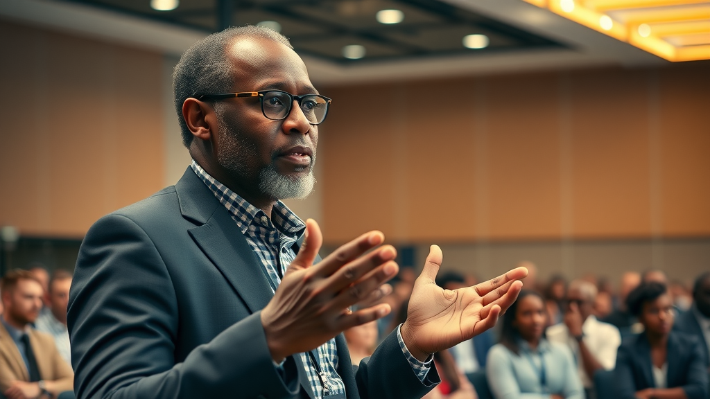 Visionary Ugandan healthcare leader presenting digital health network concept emphasizing case medcare insurance benefits