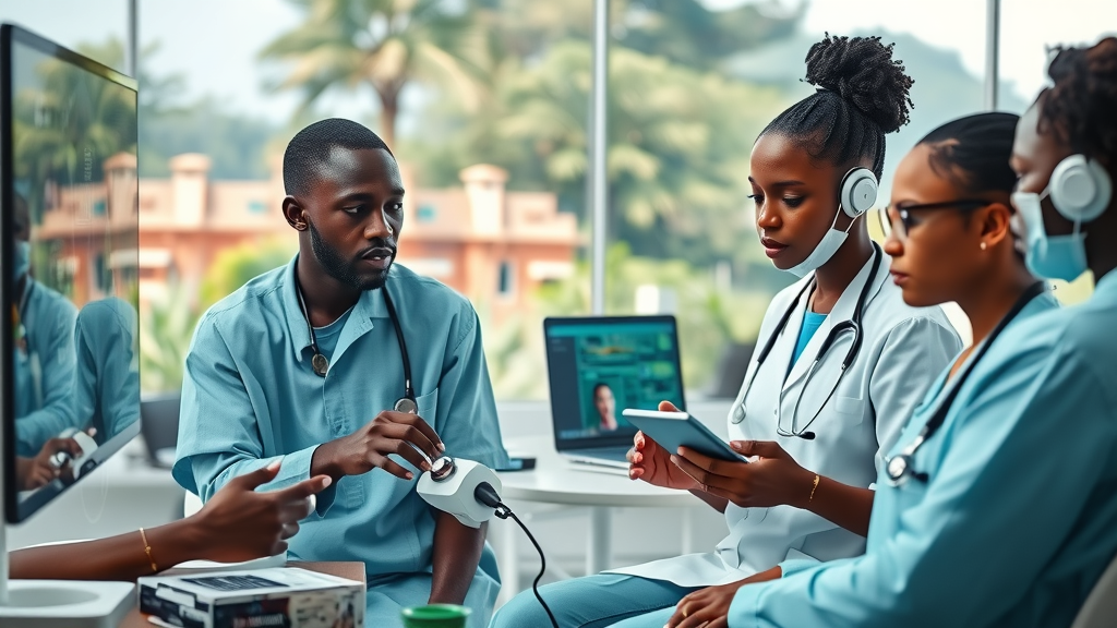 Healthcare technology Uganda: futuristic digital health clinic with telemedicine devices and health workers in Kampala