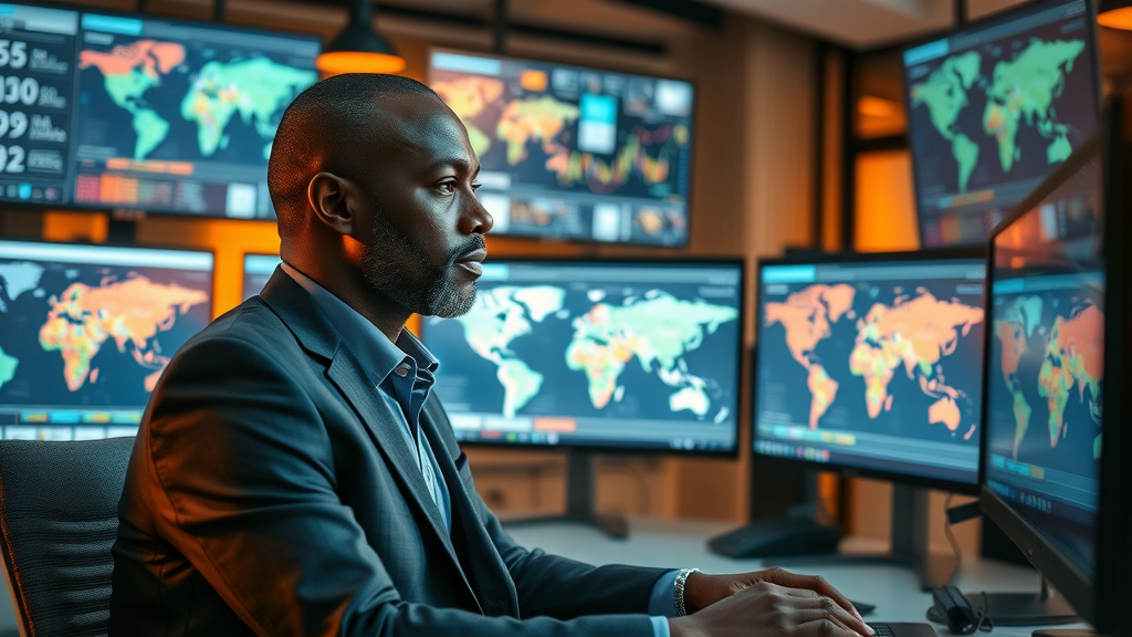 African business leader analyzing digital media strategies on screens