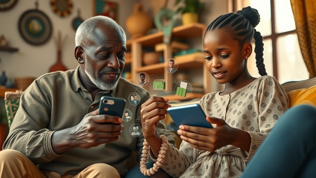 Ugandan family embracing digital transformation in fintech, learning together using mobile banking app.
