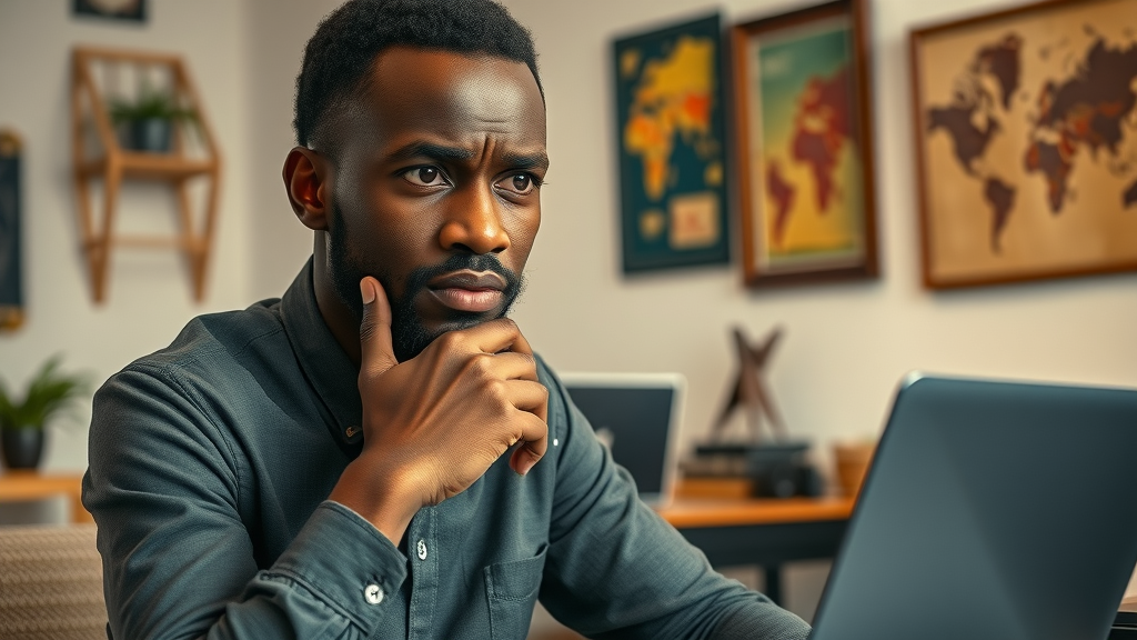 Thoughtful African entrepreneur reviewing common digital media ownership mistakes Africa