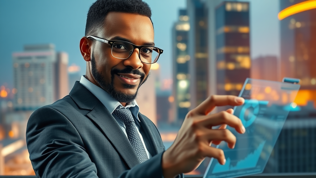 African business leader analyzing media ownership on futuristic holographic screens