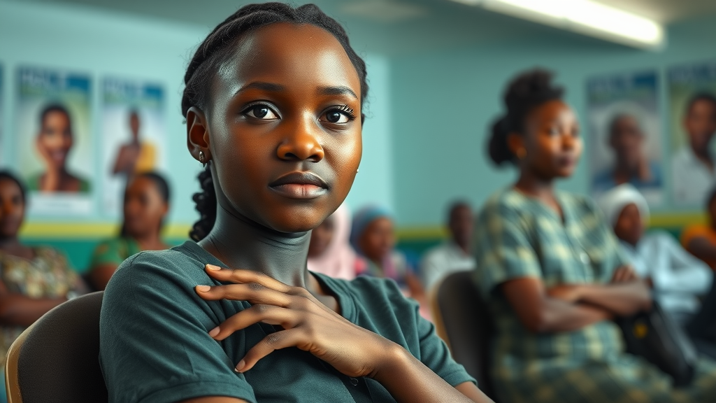 Concerned Ugandan teenage girl waiting in a crowded clinic, representing lack of access to sexual and reproductive health services for young mothers in Uganda.
