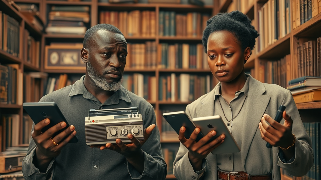 African historians and digital strategists comparing colonial radios and digital devices representing media colonialism