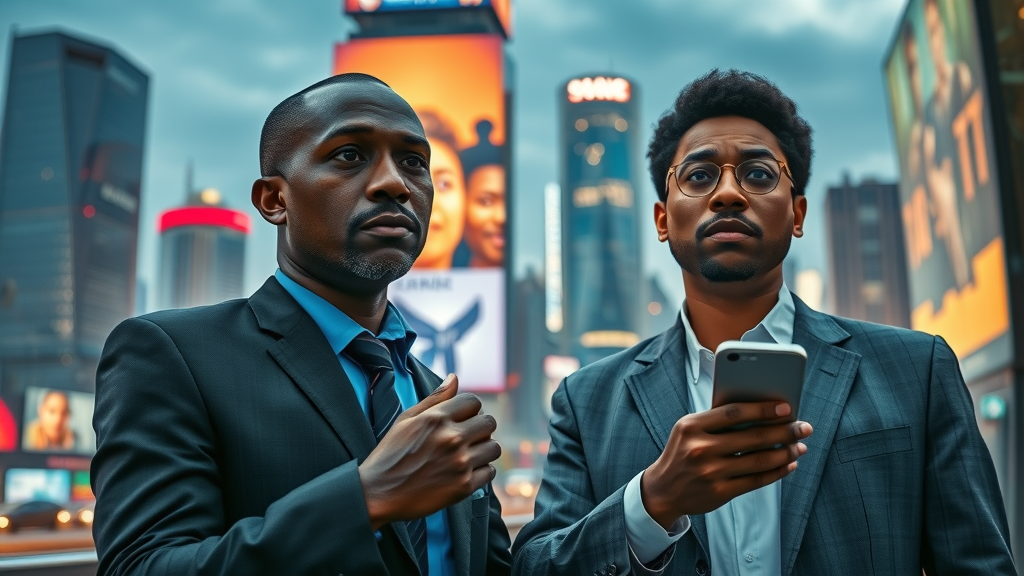 African business professionals analyzing digital billboards highlighting risks of digital dependency, concept for owned media management Africa