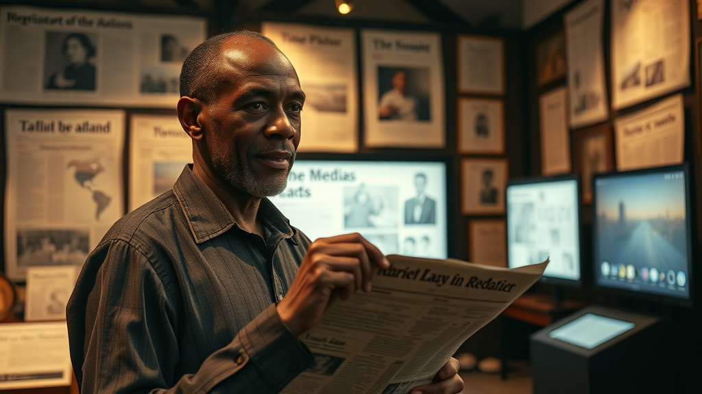 Powerful African historian presenting media evolution timeline from colonial newspapers to digital platforms in museum-like setting