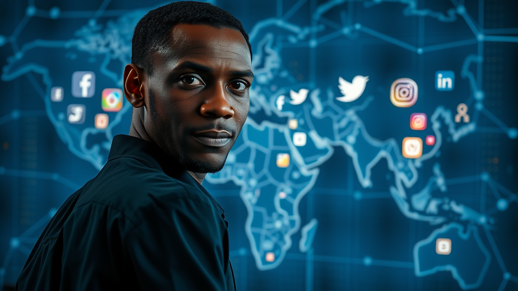 Somber African entrepreneur observing foreign social media dominance reminiscent of digital media ownership mistakes Africa