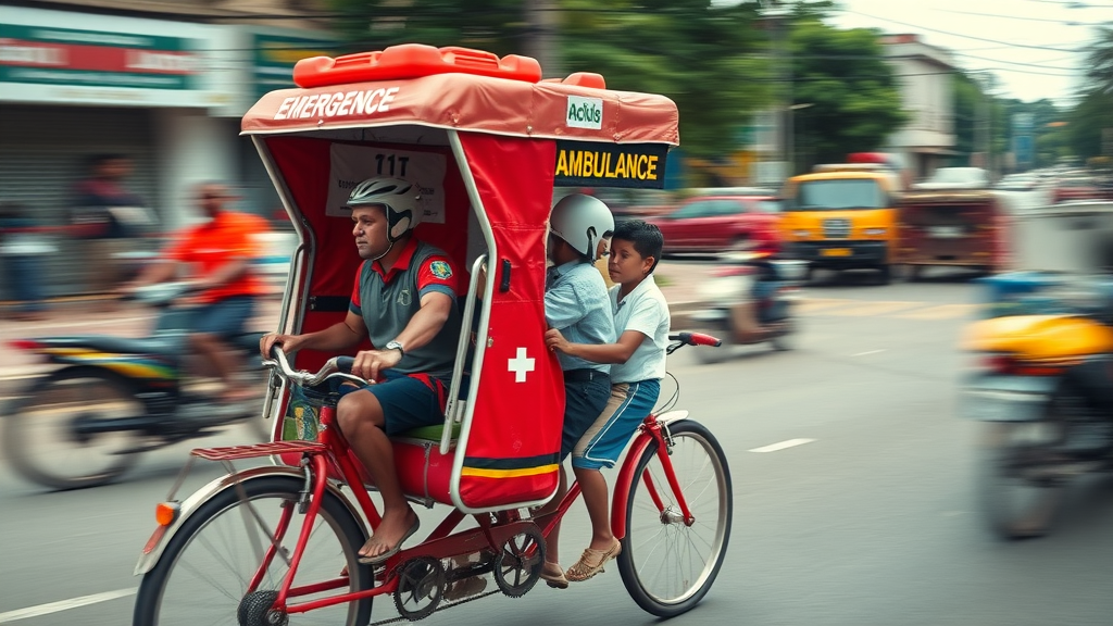 Dynamic red bicycle ambulance in Uganda transporting patients symbolizing emergency healthcare crisis management Uganda