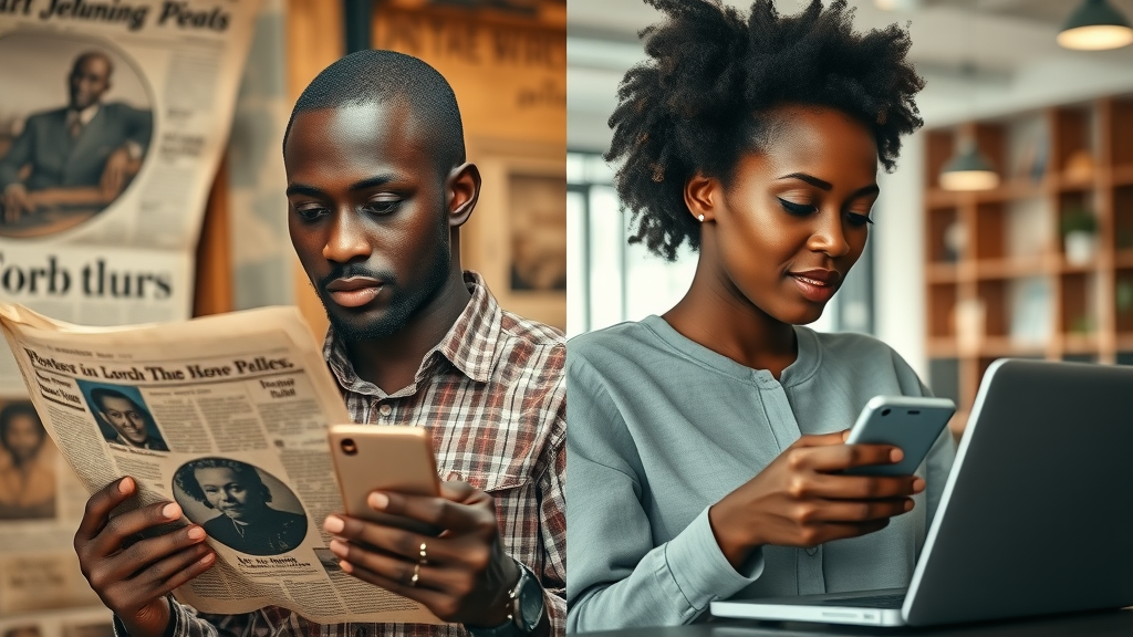 Colonial-era African media contrasted with modern digital technology highlighting digital colonialism Africa