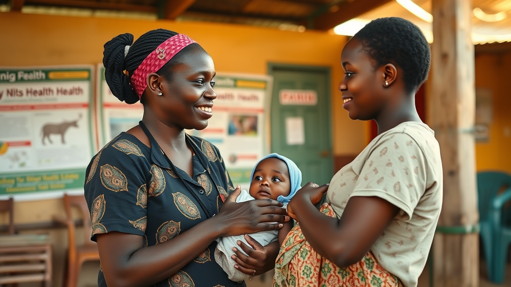 Inspiring Ugandan community health worker advising a young mother with her baby, advocating for improved community support, health education, and youth-friendly reproductive health services.