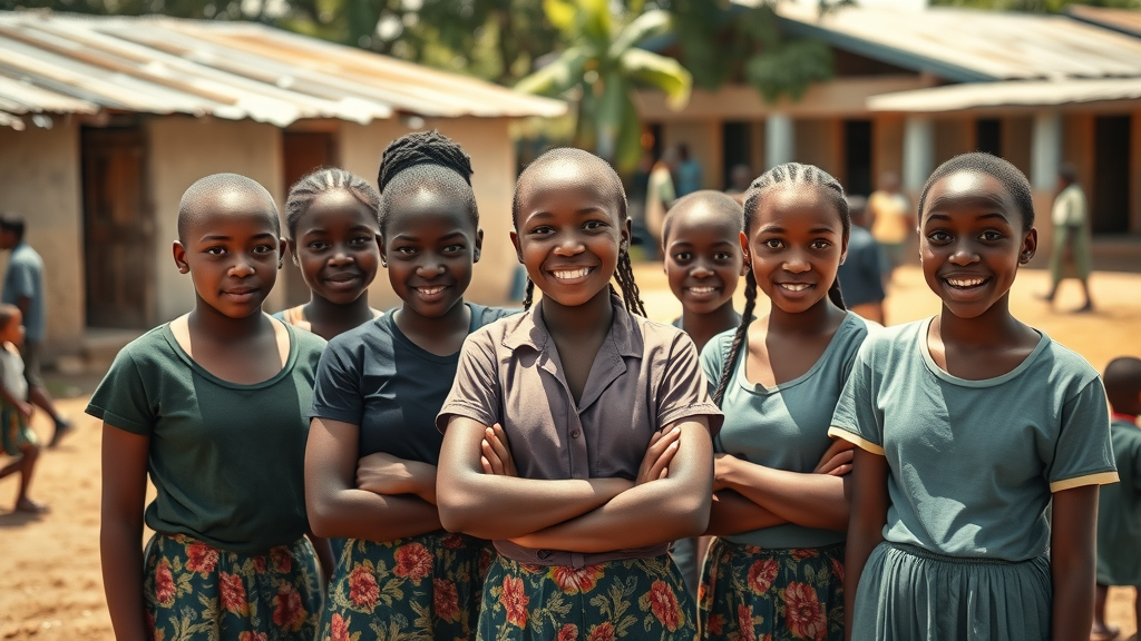 Group of Ugandan teenage girls with mixed emotions standing together in a rural schoolyard, illustrating young mothers and pregnant girls facing social norms and barriers in their communities.