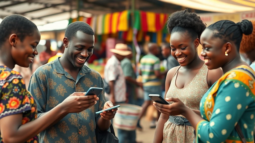 Diverse Africans using digital payments in a lively Ugandan marketplace for financial inclusion