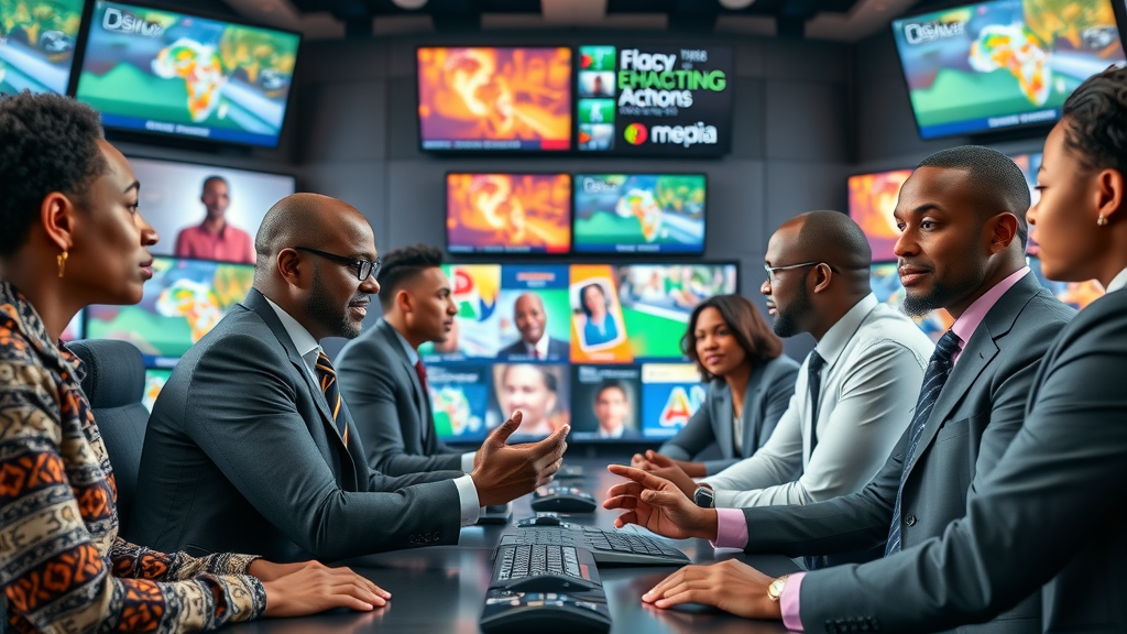 Collaborative African business leaders in digital media control room promoting digital sovereignty africa q&amp;a