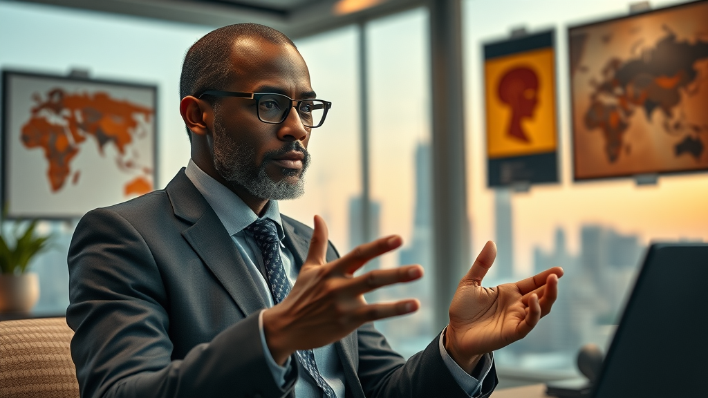 Thoughtful African business leader strategizing owned media channels Africa in futuristic office