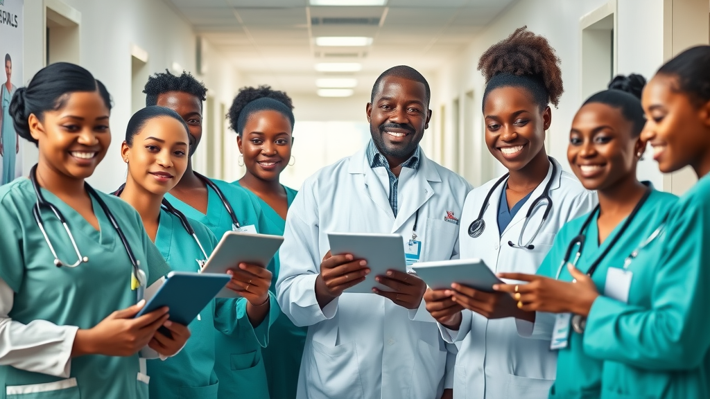 Dynamic Ugandan healthcare professionals interacting with patients using digital tablets
