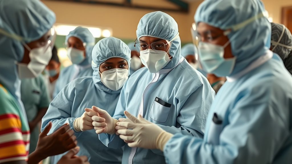 Healthcare leadership Uganda: healthcare workers in PPE delivering care during pandemic in community clinic