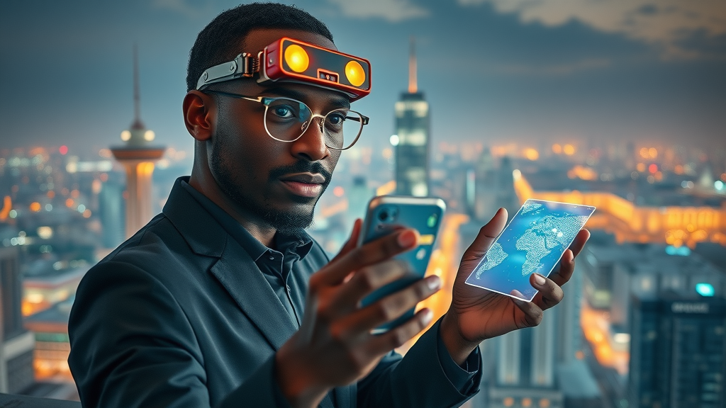 Futuristic African internet entrepreneur interacting with holographic media networks on city skyscraper rooftop at night