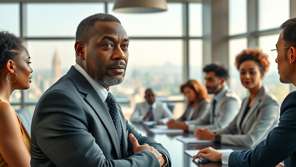 Thoughtful African CEO discussing media strategy with diverse executive team in elegant boardroom