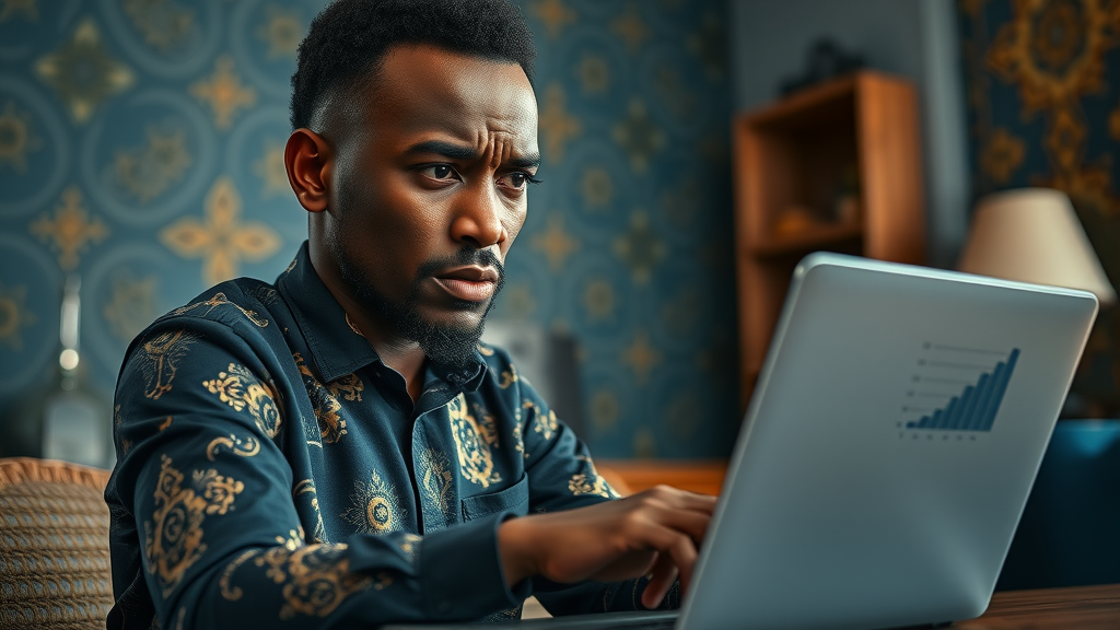 African tech entrepreneur reviewing statistics on laptop, illustrating owned media channels Africa dependency crisis