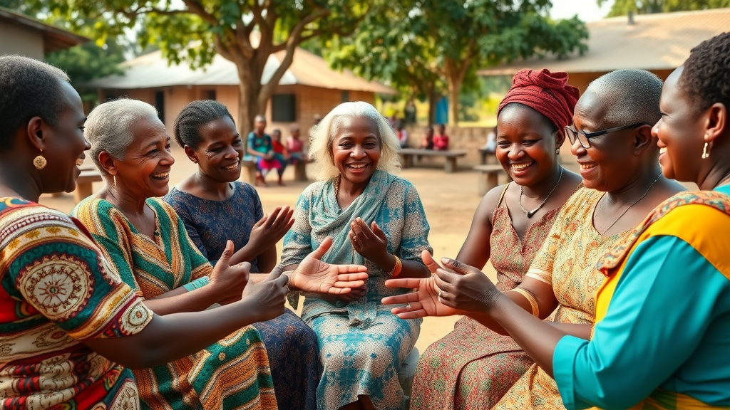 Cheerful multigenerational Ugandan women forming a support circle, exemplifying community initiatives challenging social norms for young mothers and pregnant girls.