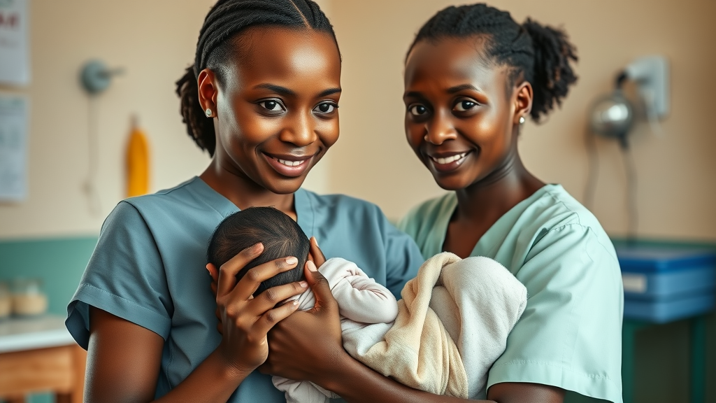 Compassionate nurse holding a baby at rural Uganda clinic highlighting healthcare crisis management Uganda through community care