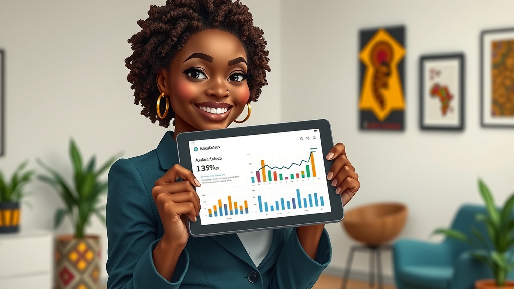 Visionary African businesswoman demonstrating audience analytics for East Africa business media ownership