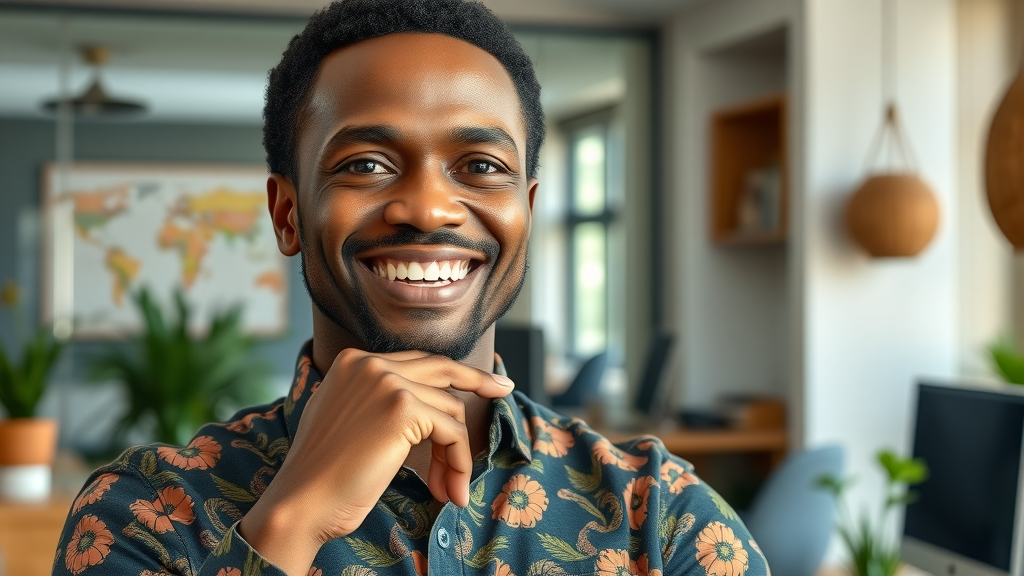 Dynamic African entrepreneur confidently building digital media channels in office with cultural elements