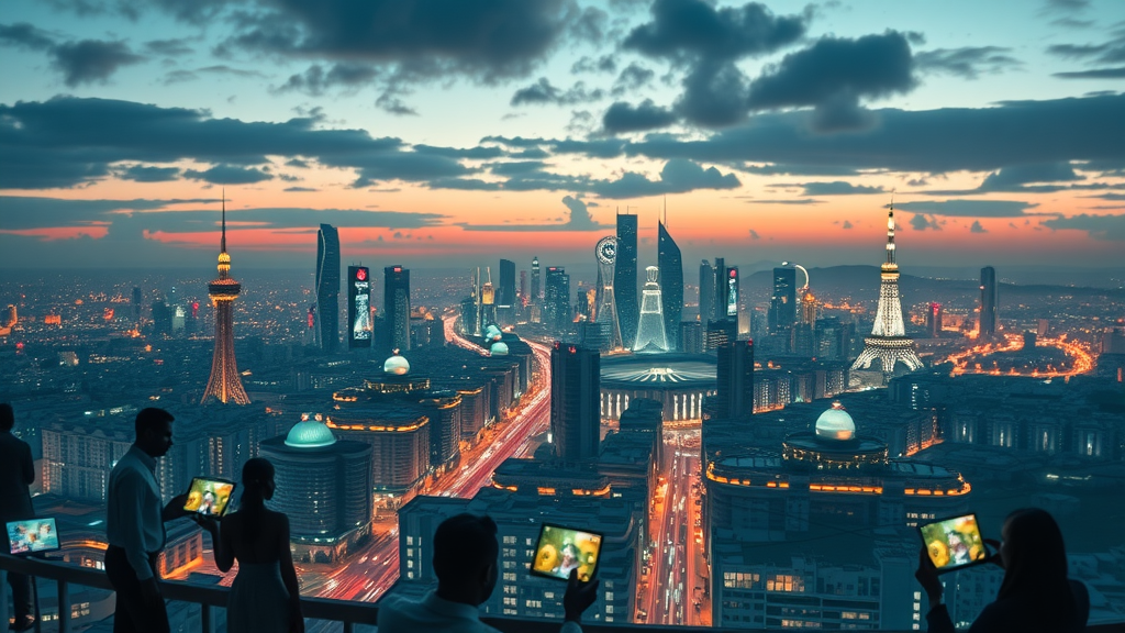 Futuristic African city evolving digitally with tech hubs and fiber optics